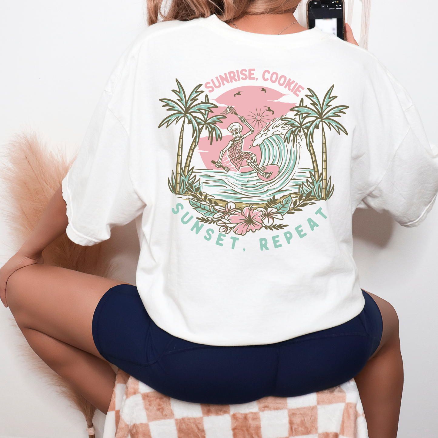 White Surf Skelly [front & back design] - T-Shirt