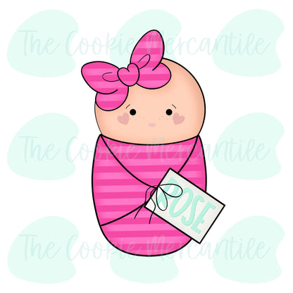 Girly Swaddled Baby With Tag - Cookie Cutter